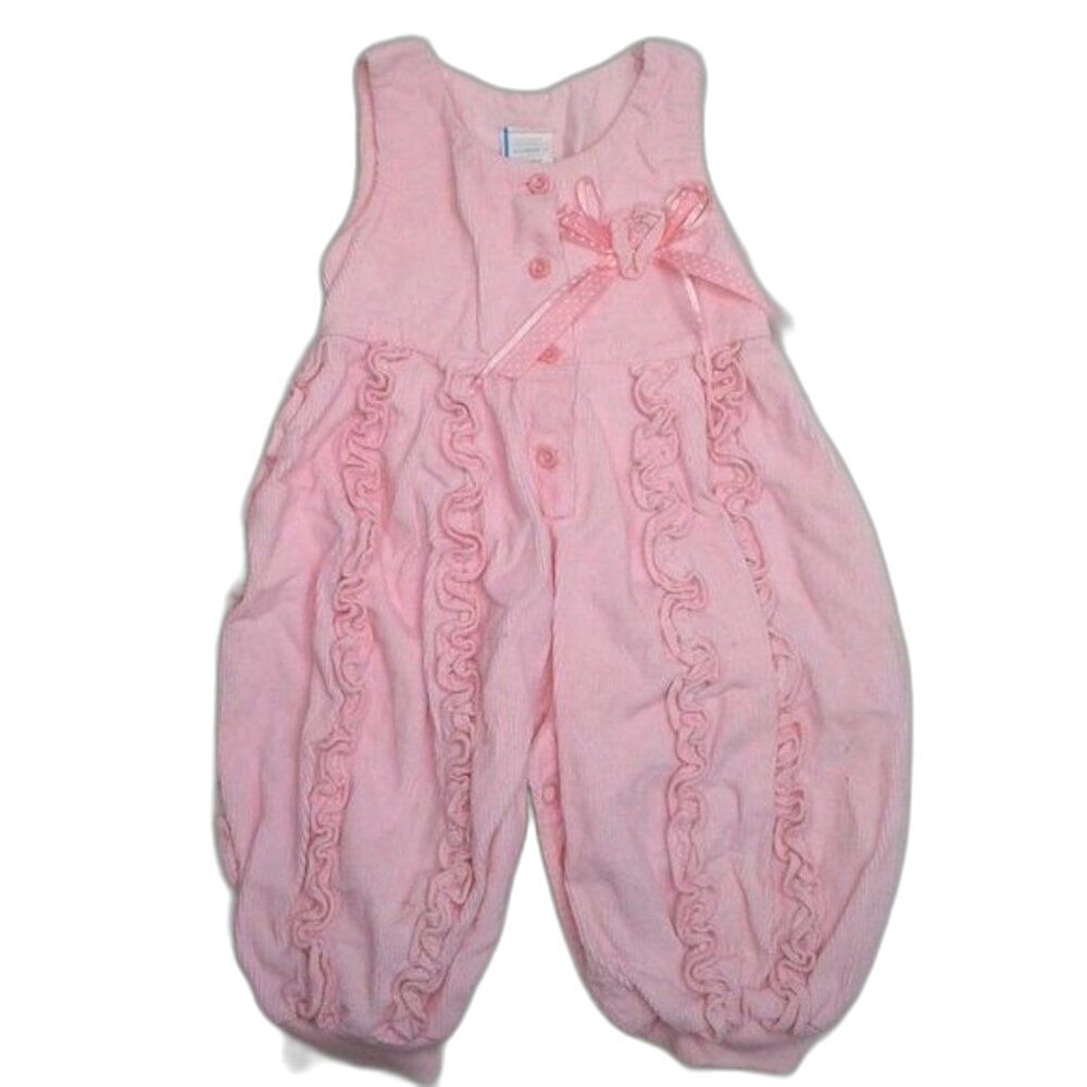 Baby Togs Vintage Baby Girl Pink Corduroy Overalls Ruffles Flower Buttons 6-9Mo